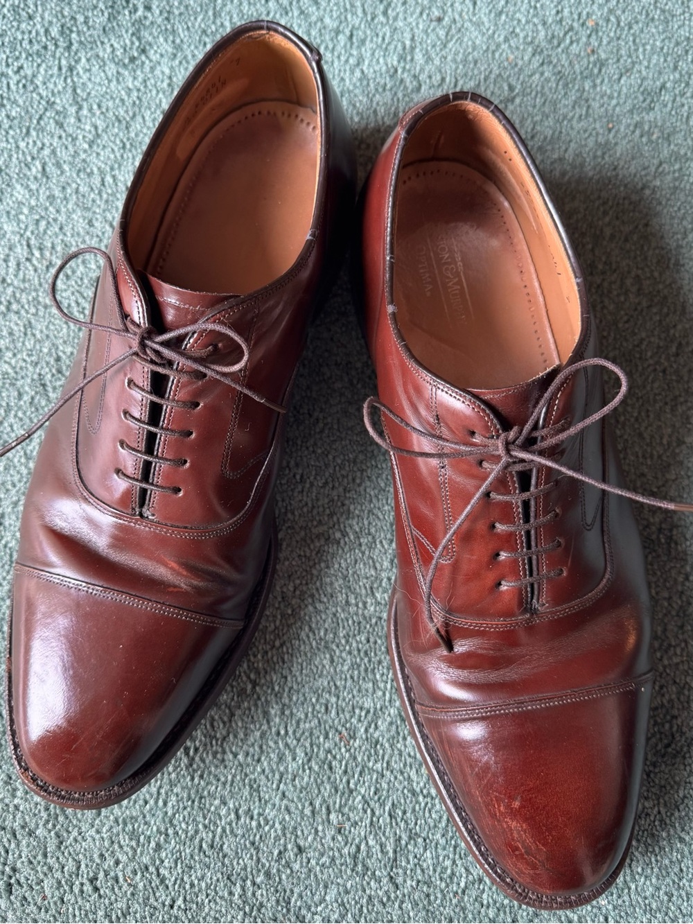 Johnston & Murphy Melton Cap Toe shoe in deep brown. 
Size 11 D